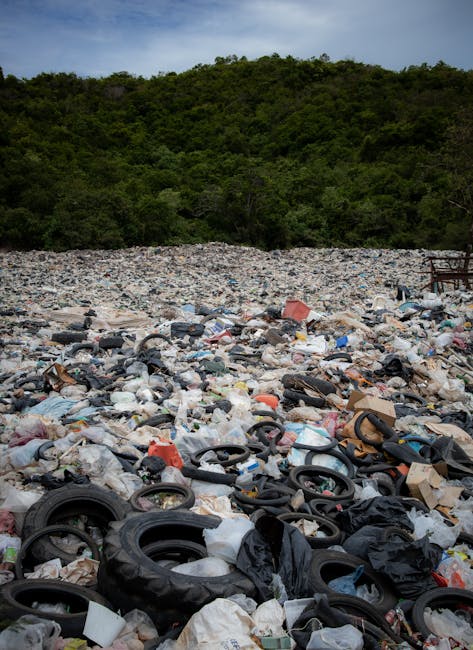 A large open area covered with a significant amount of mixed waste, including black and white plastic bags, discarded tires, cardboard boxes, and various household rubbish, spread across a gravelly ground. In the background, a dense green hillside with trees and shrubs rises vertically, contrasting with the foreground's clutter. The sky above is partly cloudy, with a hint of blue visible. The scene illustrates an unmanaged rubbish dump, highlighting concerns about illegal waste disposal and the importance of proper waste removal services such as those offered by House Clearance Pimlico, which provides alternative disposal options for private waste collection and on-site clearance efforts.