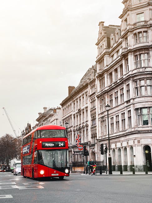 A red double-decker bus traveling along a city street in Pimlico, with ornate white Victorian-style buildings lining the sidewalk. The bus displays route number 24 and the destination 'Pimlico' on its front, positioned in the foreground to the left of the image. The street features a pedestrian crossing marked with white lines, traffic lights, and a lamppost with a Union Jack flag hanging from it, indicating a UK location. In the background, a crane is visible, suggesting ongoing construction or development activity. The sky overhead is overcast, providing diffuse lighting across the scene. The scene, captured during daylight, reflects an urban environment where private or alternative waste disposal methods could be in use, as suggested by the absence of visible rubbish or waste collection vehicles, aligning with the context of independent rubbish removal and clearance services in Pimlico.